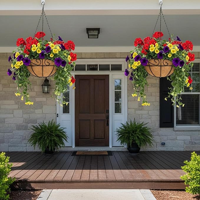 Metal Hanging Planters Basket Set of 4 Outdoor with Coco Fiber Liners Chain Hanging Basket Suitable for Vegetables Flower Heavy Duty Round Plant Holder Garden Balcony Patio Deck Porch Decor