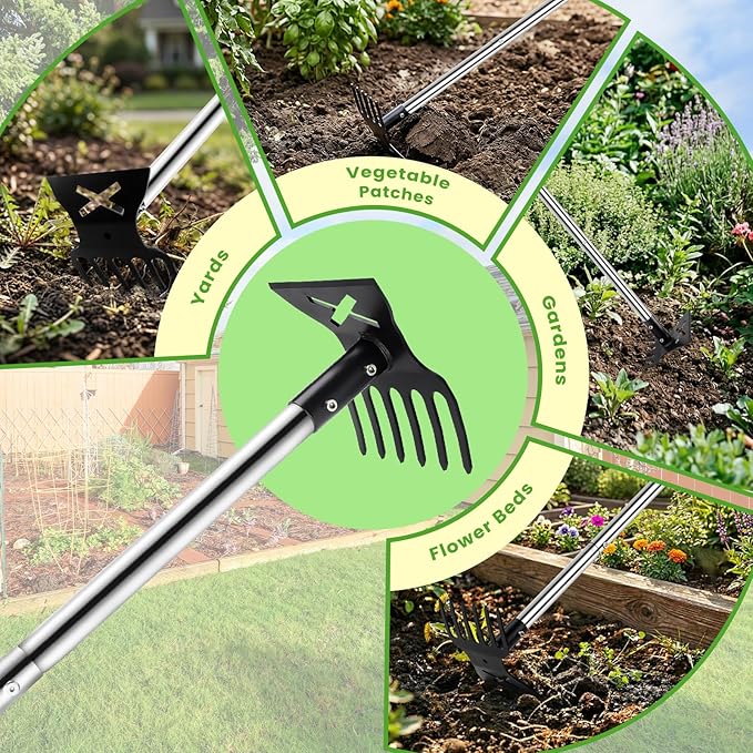2-in-1 Garden Hoe & Weed Puller Tool with Long Handle, 57" Garden Weeders and Cultivators, Heavy Duty Manual Weed Remover Tool with 6-Tine Weeding Rake for Weeds Grass in Lawn, Garden, Yard, Patio