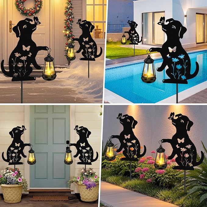 ZFNN Solar Garden Statues Dog Decor - Outdoor Metal Lantern Silhouette Stake, Waterproof Solar Lights for Yard Patio Lawn Pathway Art Decoration, Unique Gardening Gifts for Women Mom Dog Lovers 2Pack