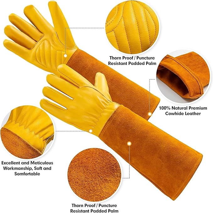 Thorn Proof Gardening Gloves for Men & Women, Long Cowhide Leather Rose Pruning Gloves with Forearm Protection, Puncture Resistant Gauntlets for Cacti, Blackberries & Yard Work(Butter Yellow,Medium)