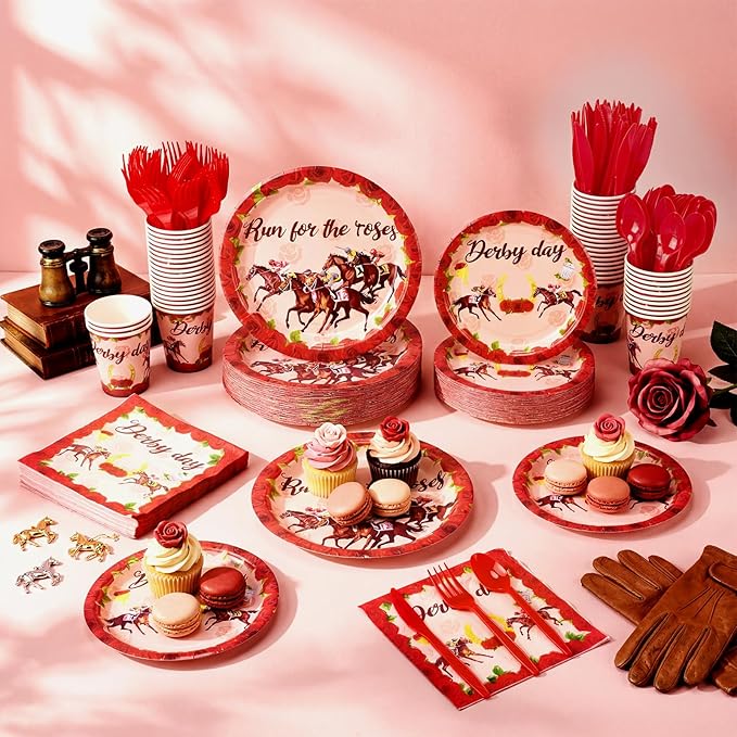 Funnymoom 400 Pcs Run for the Roses Horse Racing Party Supplies for 50 Guests Horse Racing Day Paper Plates and Napkins Knives Spoon Fork Cup Derby Day Dinner Sets for Horses Racings Party