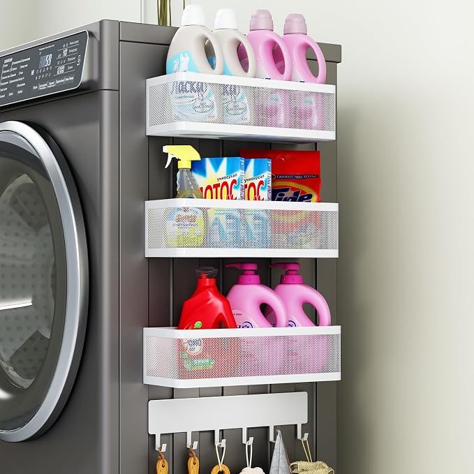 4 Pack Magnetic Baskets with Hook Rack, Magnetic Laundry Organizer