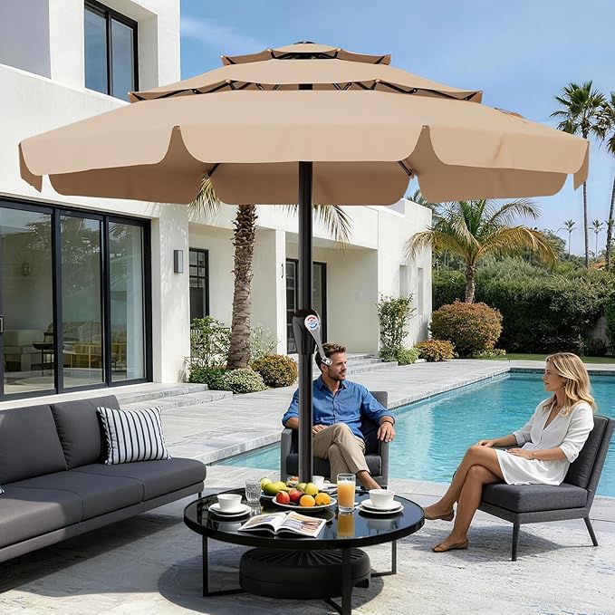 AreShark 12FT 3-Tiers Patio Umbrella with Valance, Outdoor with Crank, Large Outdoor Market Umbrellas Vented with 8 Sturdy Ribs, Patio Table Umbrellas for Garden, Deck, Backyard, Pool, Beige
