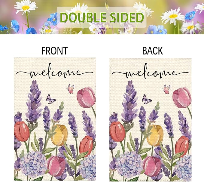 Spring Summer Tulips Hydrangeas Welcome House Flag 28 x 40 Inch Double Sided, Lavender Floral Burlap Large Yard Garden Flags Holiday Farmhouse Flags for Patio Outdoor Outside Decoration