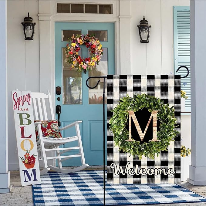 Baccessor Monogram Letter M Garden Flag 12.5 x 18 Inch, Buffalo Plaid Family Last Name Initial Boxwood Wreath Welcome Vertical Double Sided Small Flags for Outdoor Outside Decoration