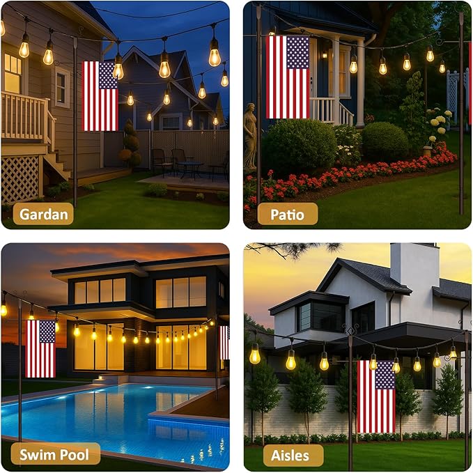 4 Pack String Light Poles 10 Ft - Patio Adjustable Stand with Fork, Backyard Heavy Metal Lighting Posts for Outside Deck Wedding Garden Party