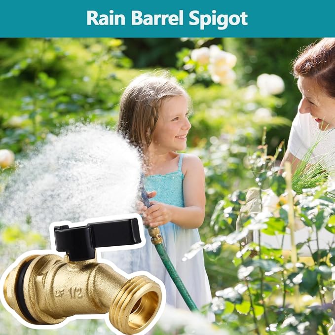 Brass Water Container Rain Barrel Spigot/Faucets, Lead-Free Compliant Spigot 1/2" Inlet to 3/4"GHT Male Thread Outlet with Quarter Turn Spigot Include Bulkhead Fitting and Washers