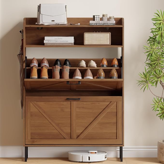 Xixini Shoe Storage Cabinet with 2 Flip Drawers, Entryway Shoe Rack, Walnut