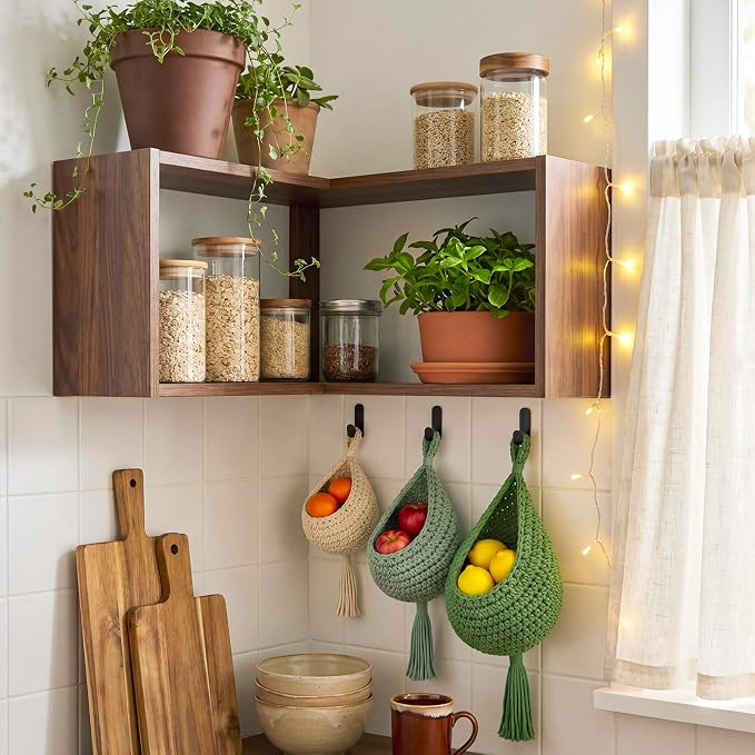 Honeydak 3 Hanging Baskets, Sage Color Palette, Tassel, Cotton Rope | Wicker Wall Baskets with Hooks for Fruit Vegetable Onion Storage, Teardrop Organizer for Kitchen, Boho Farmhouse Decor