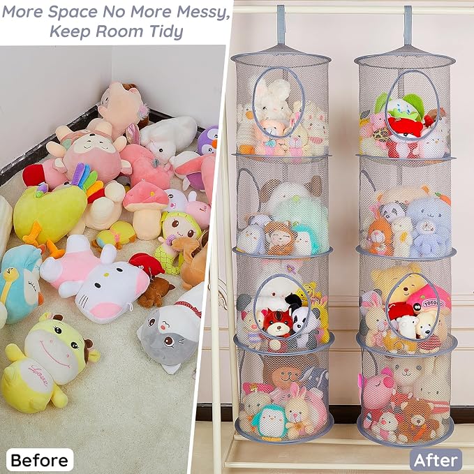 Basumee Hanging Stuffed Animals Storage, 2 Pack Mesh Plush Storage, 4-Tier