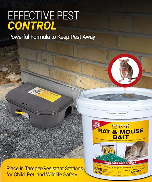 Kaput Rat & Mouse Bait- Effective Warfarin Formula for Rodent Control - Low Toxicity Rat Bait, Safe for Pets & Wildlife - Indoor & Near-Building Use, 60 Packets, 2 oz Each