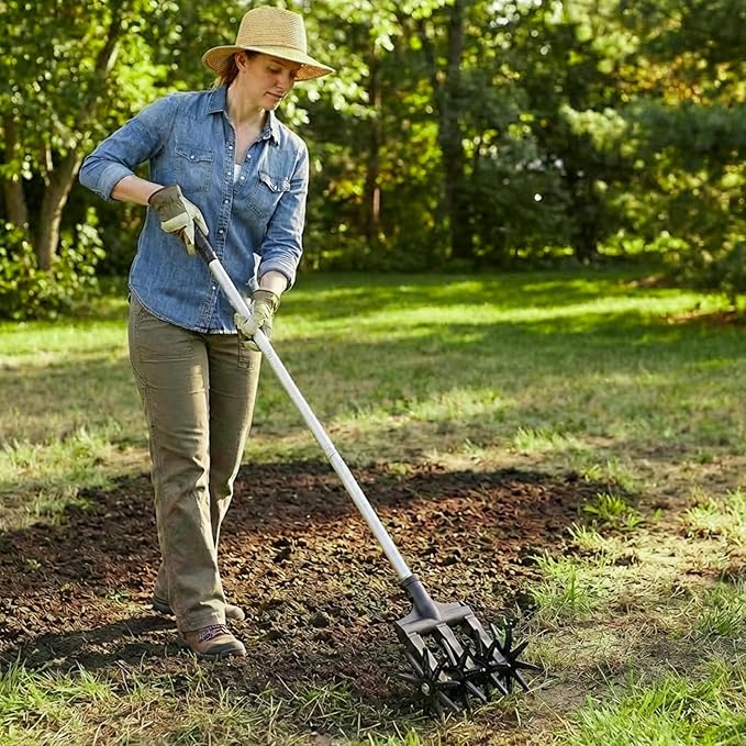 Lightweight Rotary Cultivator Garden Rotary Tiller with Stainless Steel Poles, Anti-Slip Grip, Hand Tiller for Soil Mixing or Reseeding Grass Lawn Tiller Total Length 69 Inch