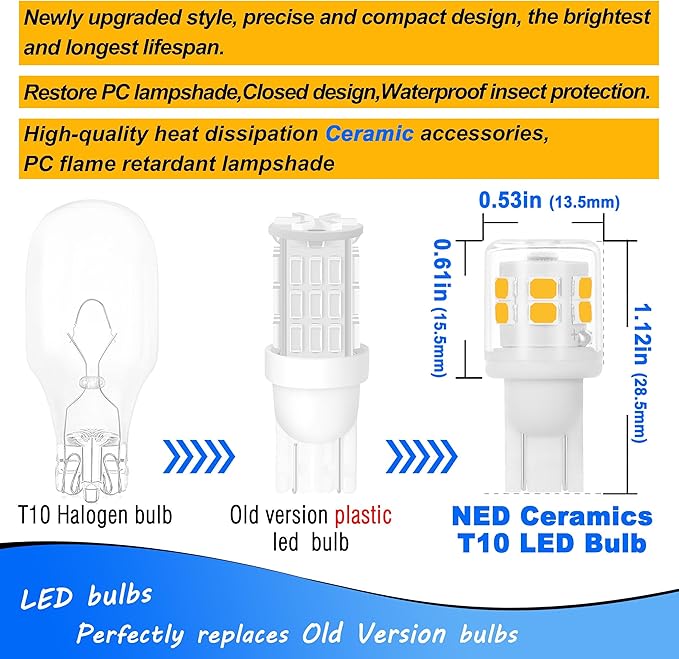 Heifymi 921 194 LED Light Bulbs 2W 2700K Warm White 300lm 12V-24V AC/DC T5 T10 Wedge Base 912 922 for Outdoor Landscape Deck Stair Step Path Lights RV Camper Travel Tailer Boat Marine Lights, 3 Pack
