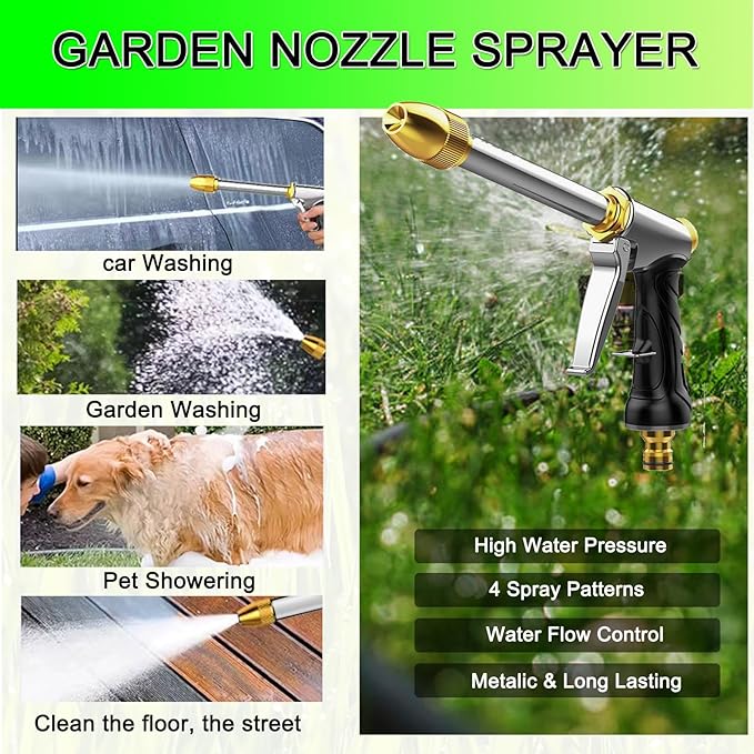 Heavy garden hose nozzle - adjustable spray mode high-pressure rotary spray gun, brass nozzle, anti slip grip and quick connector, suitable for lawn, plants, car washing, pets