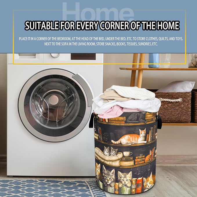 Cat On The Bookshelf Laundry Basket Foldable Waterproof Hamper 18.9x16.5 In