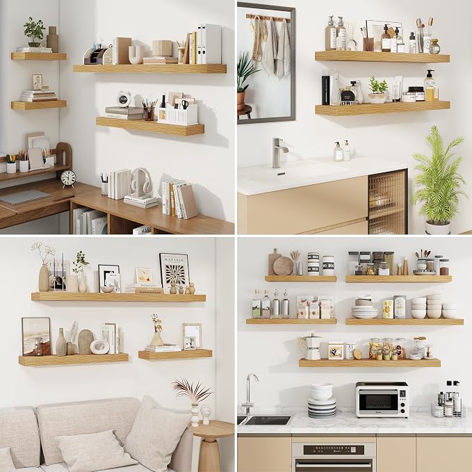 Floating Shelves for Wall, Wall Mounted Wood Shelves, Oak, Set of 2, 32in | Wood Floating Shelf with Invisible Brackets for Living Room, Bathroom, Bedroom, Kitchen, Hanging Shelf for Storage and Decor