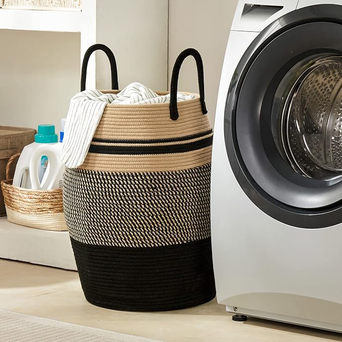 Large Laundry Hamper Basket 65L Woven Blanket Basket, Brown & Black
