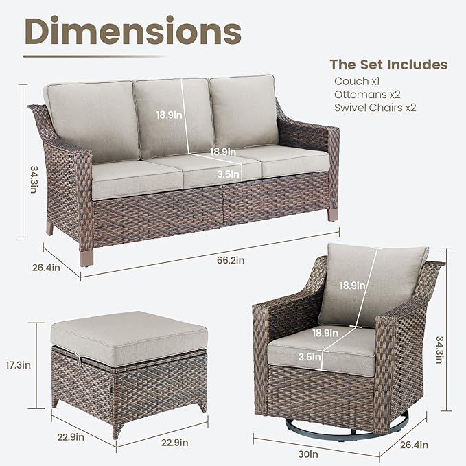 Outdoor Wicker Patio Furniture Set - 5 Piece Outside Rattan Conversation Bistro Dining Chair Sets with Rocking Swivel Chairs, 3-Seat Couch and Ottomans for Porch Yard Balcony – Brown/Beige