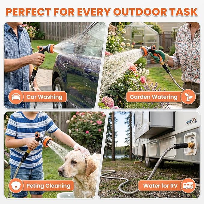Cesun 25 ft Metal Garden Hose, Stainless Steel Heavy Duty Water Hose With 10 Function Nozzle, No Kink & Flexible, Lightweight and Durable, Rust Proof for Yard, RV, Pet Bath, Outdoor, 25 foot x 5/8"