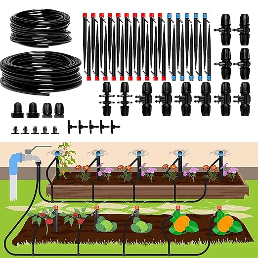 100FT Drip Irrigation Kit for Garden, Adjustable DIY Plant Watering System for Raised Beds & Greenhouse, 5/16" Main Tubing & 1/8" Micro Tubing Included