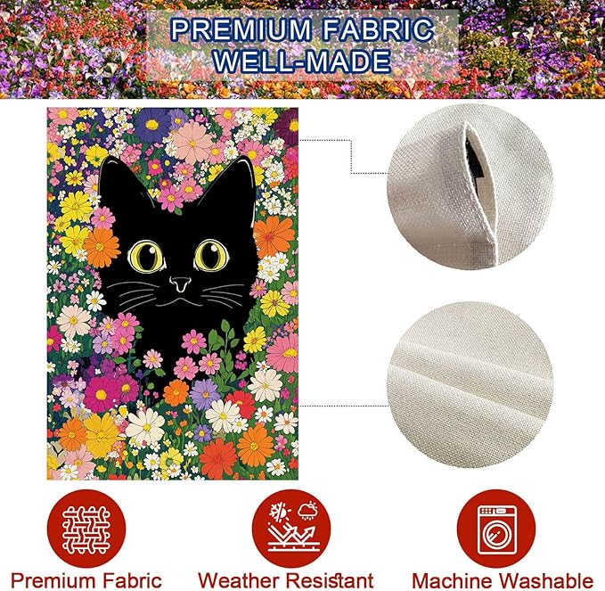 Baccessor Spring Summer Funny Cat Garden Flag Double Sided 12.5 x 18 Inch Funny Black Cat Flower Floral Welcome Small Yard Flag Burlap Seasonal Yard Outdoor Outside Decoration
