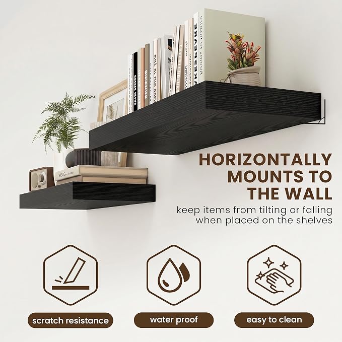 FLYJOE 32 Inch Floating Shelves, 12'' Deep Black Shelves for Wall Set of 2