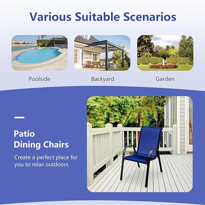 MEDIMALL Patio Chairs, Stackable Patio Chairs Set of 4, Blue Lawn Chairs with Armrest & Breathable Fabric for All Weather, Outdoor Dining Chairs for Yard, Poolside, Balcony, Garden