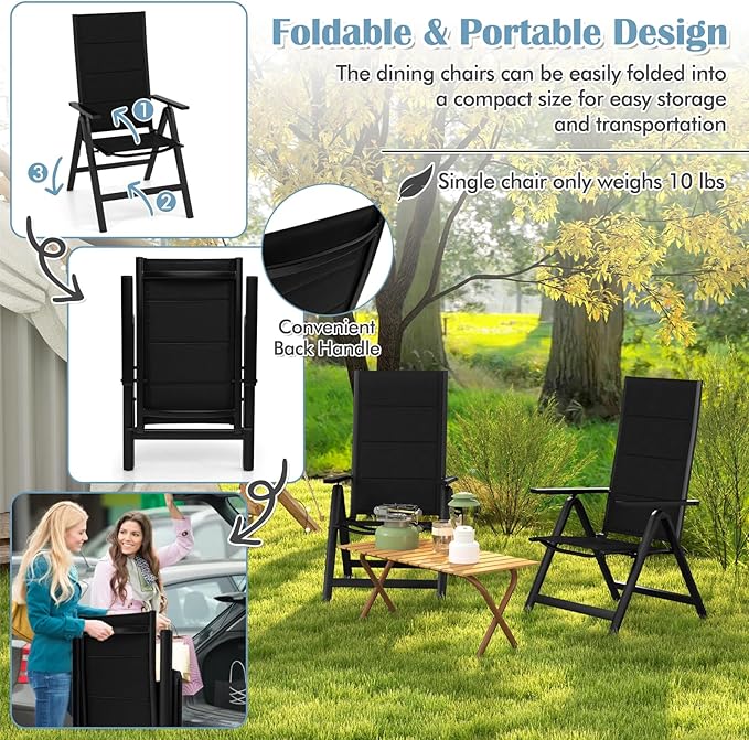 Tangkula Patio Folding Chair, Outdoor Dining Chairs with Soft Padded Seat, 7-Position Adjustable Backrest, Armrests, Portable Sling Reclining Chairs for Porch Pool Backyard Camping (1, Black)