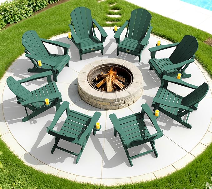 SERWALL Foldable Adirondack Chair Set of 4, Weather Resistant HIPS Patio Chairs with Cup Holder for Garden Outdoors Fire Pit Chairs-Green