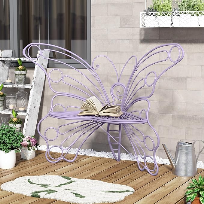 DIBRATY 50 Inches Outdoor Bench, Garden Bench with Sturdy Iron Metal Frame, Pretty Butterfly Bench Front Porch Bench for Porch,Lawn,Garden,Yard