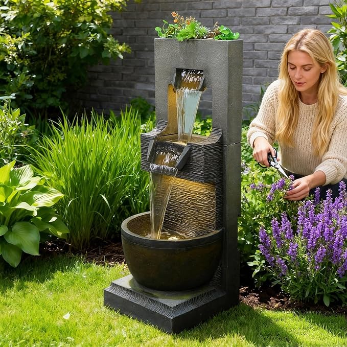 Sunlinua 39H Modern Outdoor Water Fountain with LED Light Garden Cascading Waterfall Feature for Indoor or Outdoor Cascading Waterfall for Relaxing Garden Patio Backyard Deck Porch or Home Décor