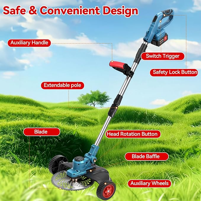 20000 RPM Electric Weed Wacker with Wheel,12โณ Brushless Cordless Weed Eater Battery Powered, String Trimmer/Brush Cutter/Grass Trimmer/Lawn Mower, Edger Weed Trimmer for Garden Yard Tool