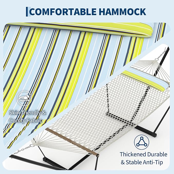 Garvee 2 Person Portable Double Hammock for Outdoor with Pillow, Heavy Duty Portable Hammock with Adjustable Steel Stand for Patio, Garden, Beach, Backyard