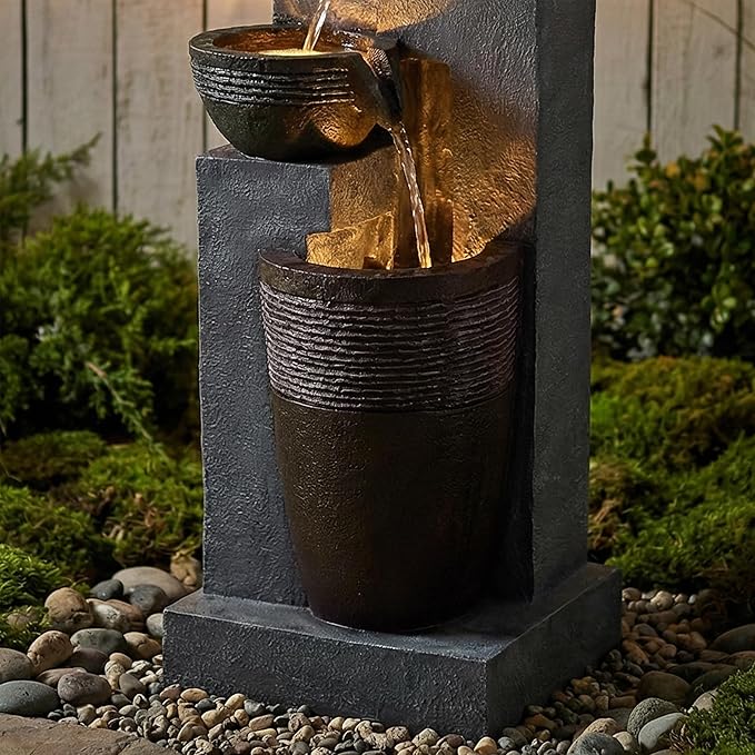 34-Inch Outdoor Water Fountain, 4-Tier Cascading Bowls Resin Waterfall Fountain with 3 Warm LED Lights, Rustic Water Feature for Garden, Patio, Deck, Porch, Backyard, Farmhouse in Gray