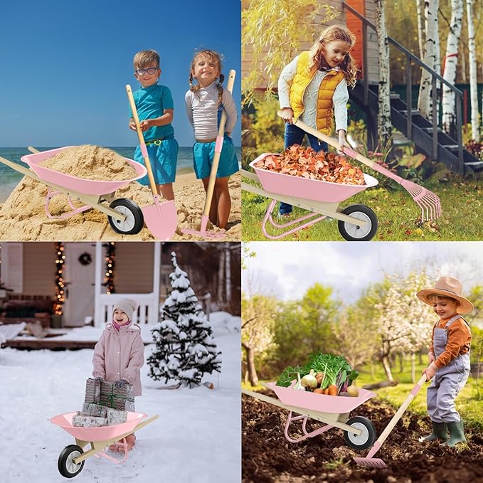 Qtioucp Kids Wheelbarrow Set with Gardening Tools Outdoor Backyard Garden Play for Toddlers Boys Girls 3-8, with Shovel, Rake, Leaf Rake, Easter Birthday Gifts (Pink Garden Set)