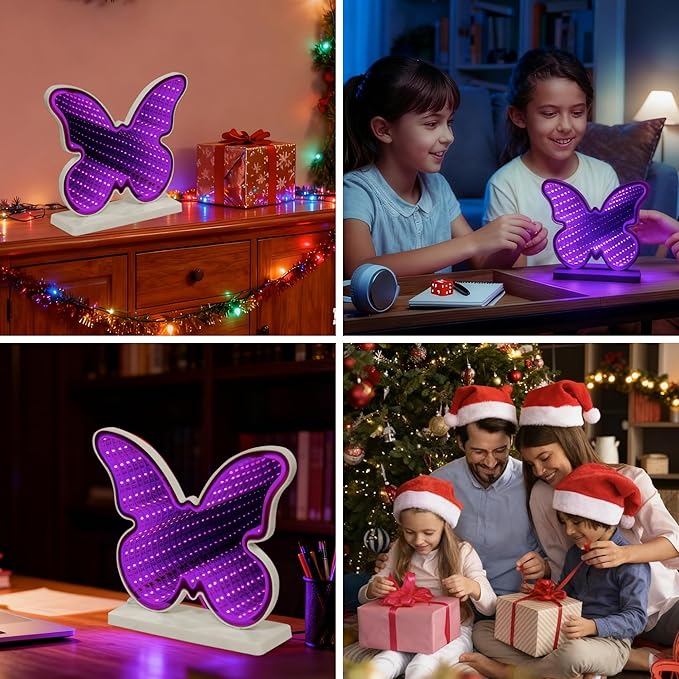 Butterfly Infinity Mirror Light, 3D LED Infinity Mirror Night Light with Endless Tunnel Effect, USB Powered 3D LED Lights for Kids Bedroom, Whimsical Garden Gift for Teens & Girls, 10.2"x7.7"