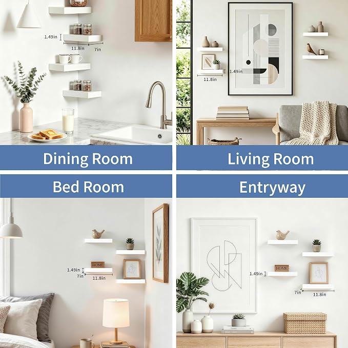 White Floating Shelves for Bathroom, 12 Inch Wooden Shelf Set of 4 | Space Saving Wall Shelves, 33lbs Max Load, Hidden Brackets, Easy Install, Wood Grain Finish, Bedroom Living Room Decor