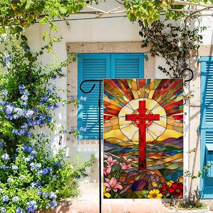 Christian Cross Religious Garden Flag Double Sided Jesus Stained Glass Style four season Garden Flag,Christ Garden Flags for Outside Lawn House Outdoor Yard Sign Garden Decor 12x18 Inch