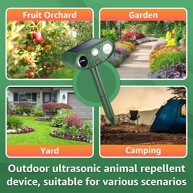 Solar Ultrasonic Animal Repellent Outdoor with Motion Sensor Strobe Light Deer Repellent Devices for Squirrel Rats Snakes Rabbit 25KHZ Silent Deterrent Dual Mode Yard Garden Lawn Pest Control 2PCS