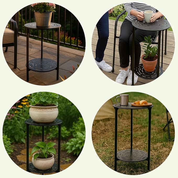 2-Tier Metal Round Side Table Black Accent Coffee Tables Small Space Corner Plant Stand Shelf for Indoor Outdoor Use Patio Balcony End Table Laser-Cut Floral Pattern Weather-Resistant