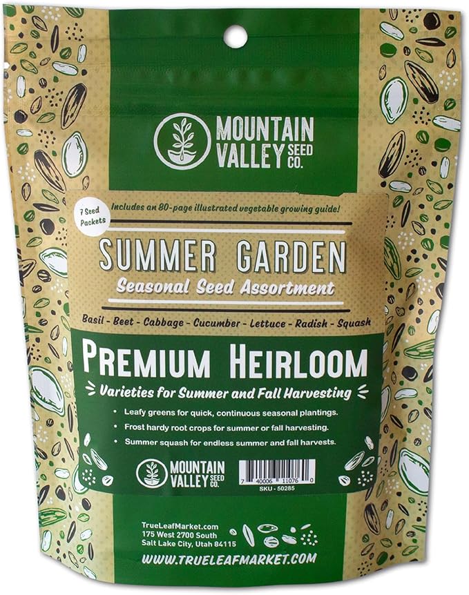 Summer Garden Heirloom Vegetable Seeds - ~5,000+ Total Seeds, 7 Varieties of Seed to Sow in Summer Months - Beet, Lettuce, Radish, Basil, Cabbage, Cucumber, & Squash Heirloom Seed for Planting