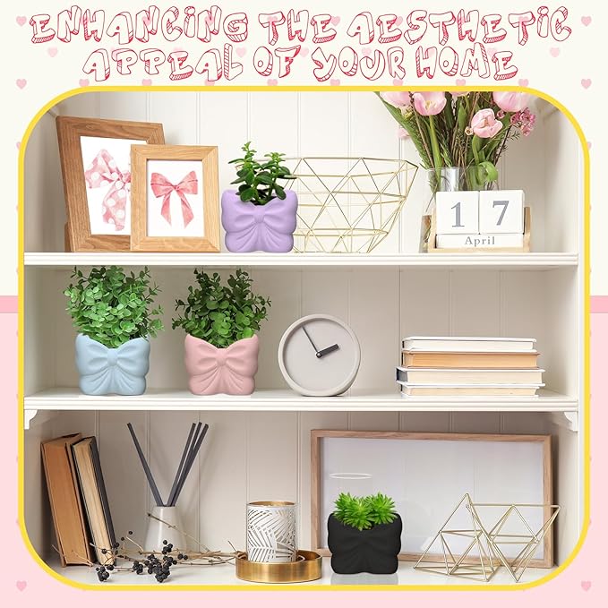 Beeveer 6 Sets Paint Your Own Coquette Bow Succulent Planter Ceramic Blank Unpainted Flower Pots DIY Paintable Porcelain Vase Kit for Kids Christmas Classroom Craft Project Activity Supplies