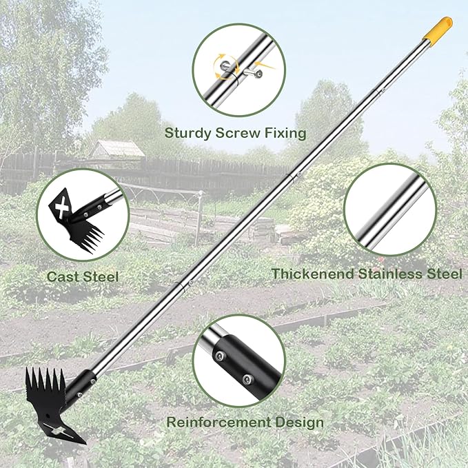 NICOFPHY Weed Puller Tool with Long Handle, 60" Manual Weeding Tools Gardening, 2 in 1 Hand Weed Rake and Hoe Garden Weeder Tool, Uprooting Pulling Weed Remover Tool for Yard, Patio, Lawn and Garden