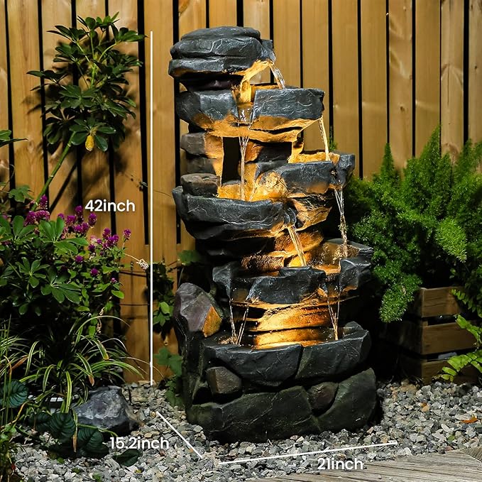 Sunlinua 6-Tier Cascading Rock Water Fountain Outdoor Resin Stone Imitation Waterfall with LED Lights, Indoor/Outdoor Decor for Garden, Patio, Backyard, Porch and Home Art Decor