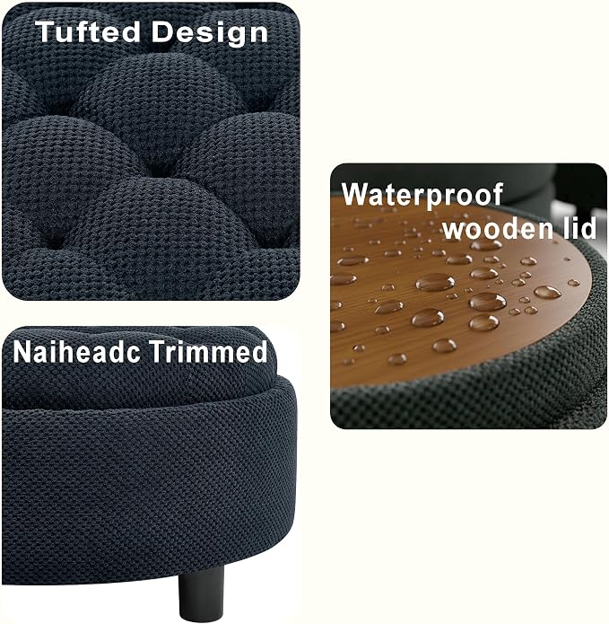 Round Ottoman with Storage, Modern Upholstered Storage Ottoman Coffee Table with Removable Lid Top Tray and Solid Wood Legs for Living Room, Bedroom, Dorm, 25 Inch