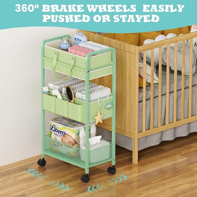 LIDTOP 2in1 Baby Diaper Caddy Organizer Cart, 3-Tier Rolling Cart, Metal Diaper Caddy Carts, Bedside Carts for Nursery Essentials Storage, Detachable Dividers, Large Capacity, Green