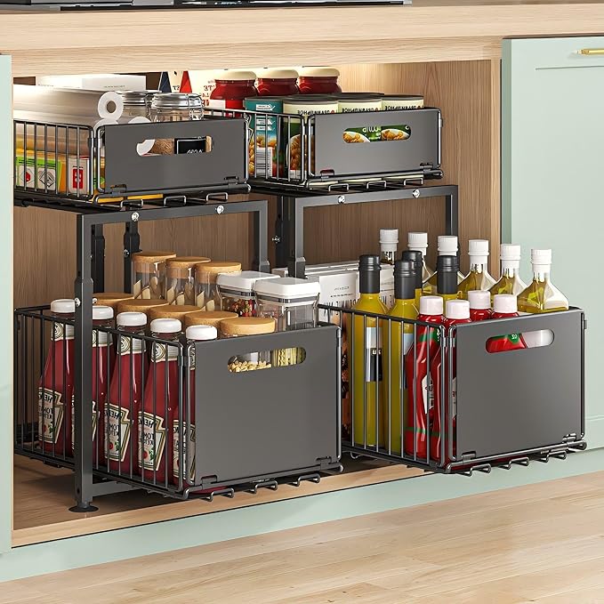 Under Sink Organizer, 2-Tier Multi-Use Kitchen and Bathroom Organizers and Storage, Slide Out Thickened Metal Under The Sink Organizer for Kitchen Bathroom Pantry (Style A White, 2 Pack)