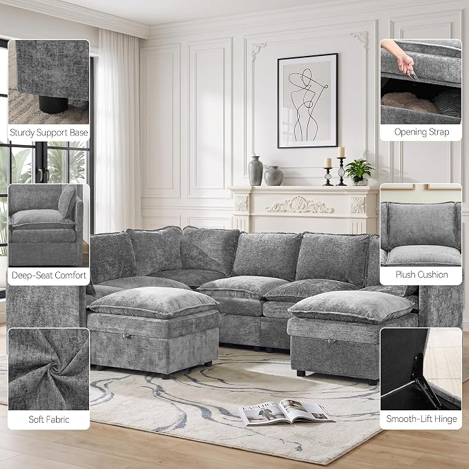 105" Storage V-Shaped Modular Sectional Sofa with 2 Ottomans, Light Grey