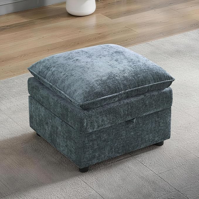 27" Storage Ottoman for Modular Sectional Sofa, Chenille Cloud Footrest with Storage, Large Modern Ottoman with Hidden Storage for Living Room, Apartment, Bedroom, Small Space, Blue