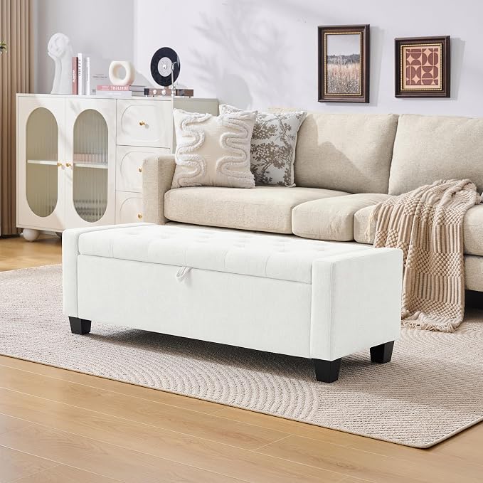 Huatean Home 43" Ottoman with Storage, White Storage Ottoman Bench | Upholstered Entryway Bench with Seating for Bedroom, Living Room, with Safety Hinge, Holds up to 330 lb
